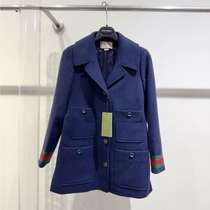 🚩steal Authentic Gucci Navy Blue Wool Coat with Striped Cuffs